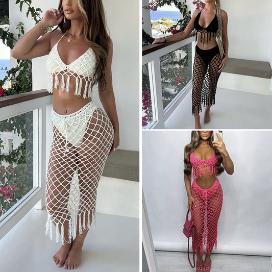 CYB hand crocheting long fringe beach open back swimsuit bikini set