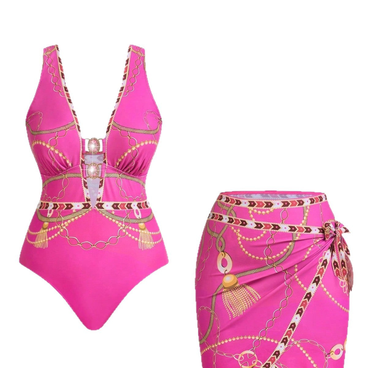 CL (L-4XL) plus size swimsuit deep V one-piece with cover Hanfu long robe two-piece set printed sexy bikini