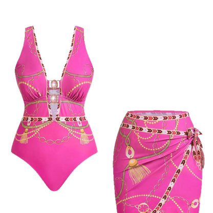 CL (L-4XL) plus size swimsuit deep V one-piece with cover Hanfu long robe two-piece set printed sexy bikini