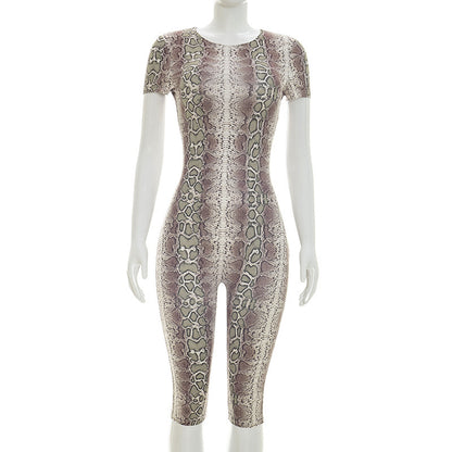 DZHT J26JP152 summer snake print back hollow-out short sleeve tight one-piece cropped pants