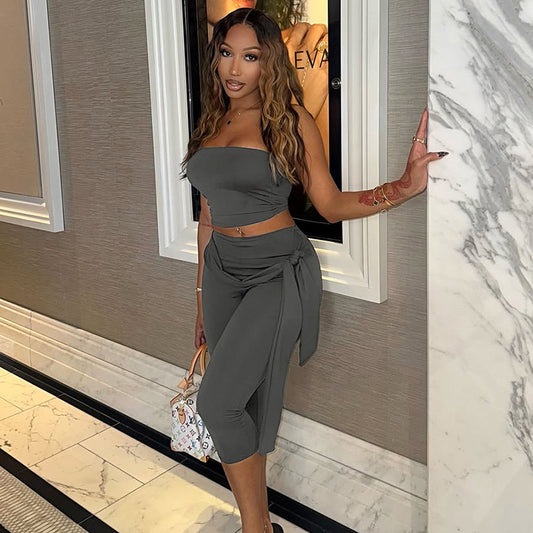 DZHT J25ST464 fashion tube top cropped pants strap suit