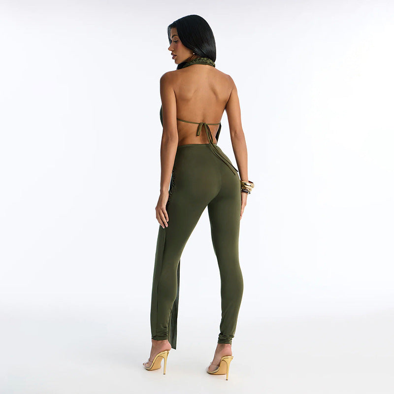 DZHT Q26JP051 backless sleeveless deep V-neck solid color slim-fit halter one-piece trousers