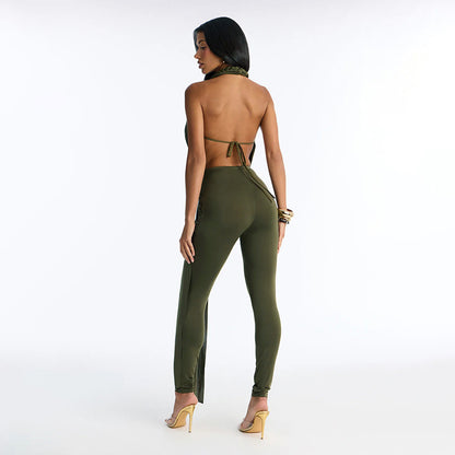 DZHT Q26JP051 backless sleeveless deep V-neck solid color slim-fit halter one-piece trousers