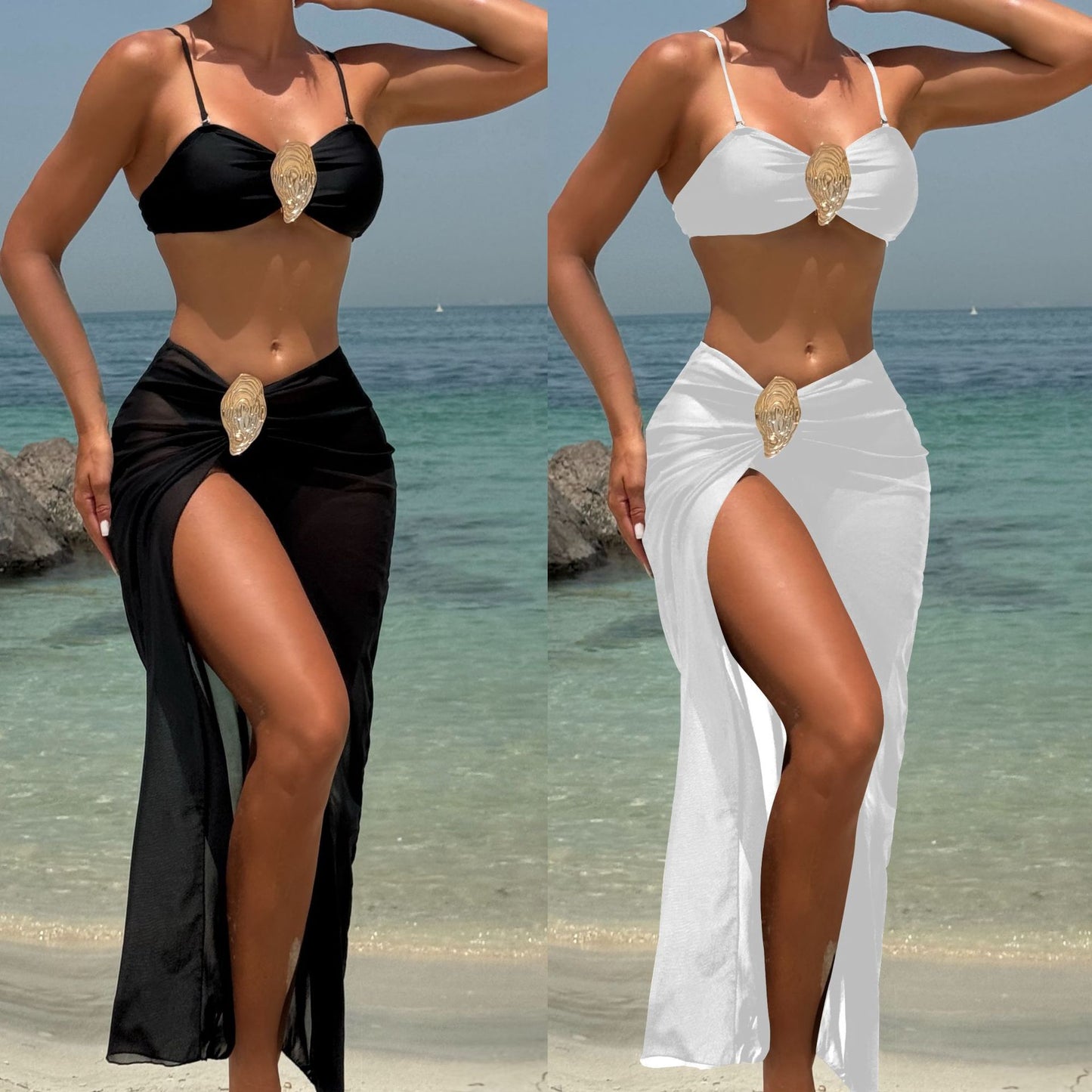 (4 days ready to ship) SY metal Haitao buckle three-piece set tee dress bikini