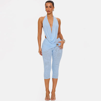 DZHT C26ST240 draped collar halter lace-up backless sling skinny knee length pants suit