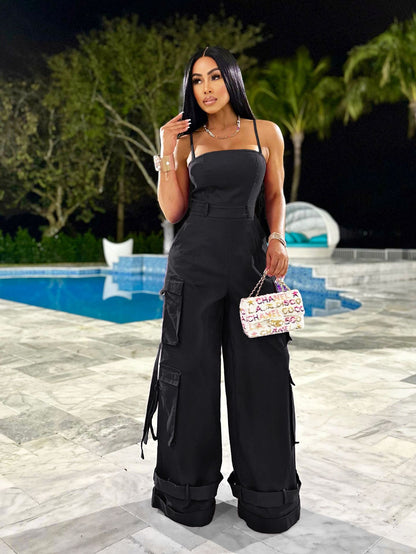(S-2XL) ZSC tube top multi-pocket workwear jumpsuit wide leg jumpsuit