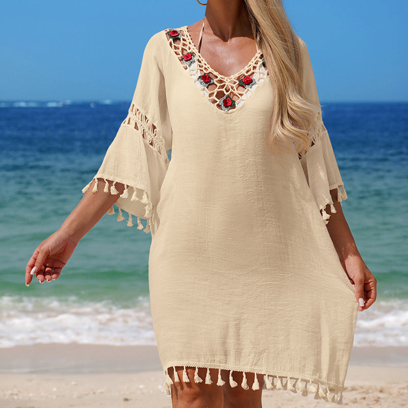 CYB V-neck tassel beach dress rose embellished hand crocheting patchwork loose blouse