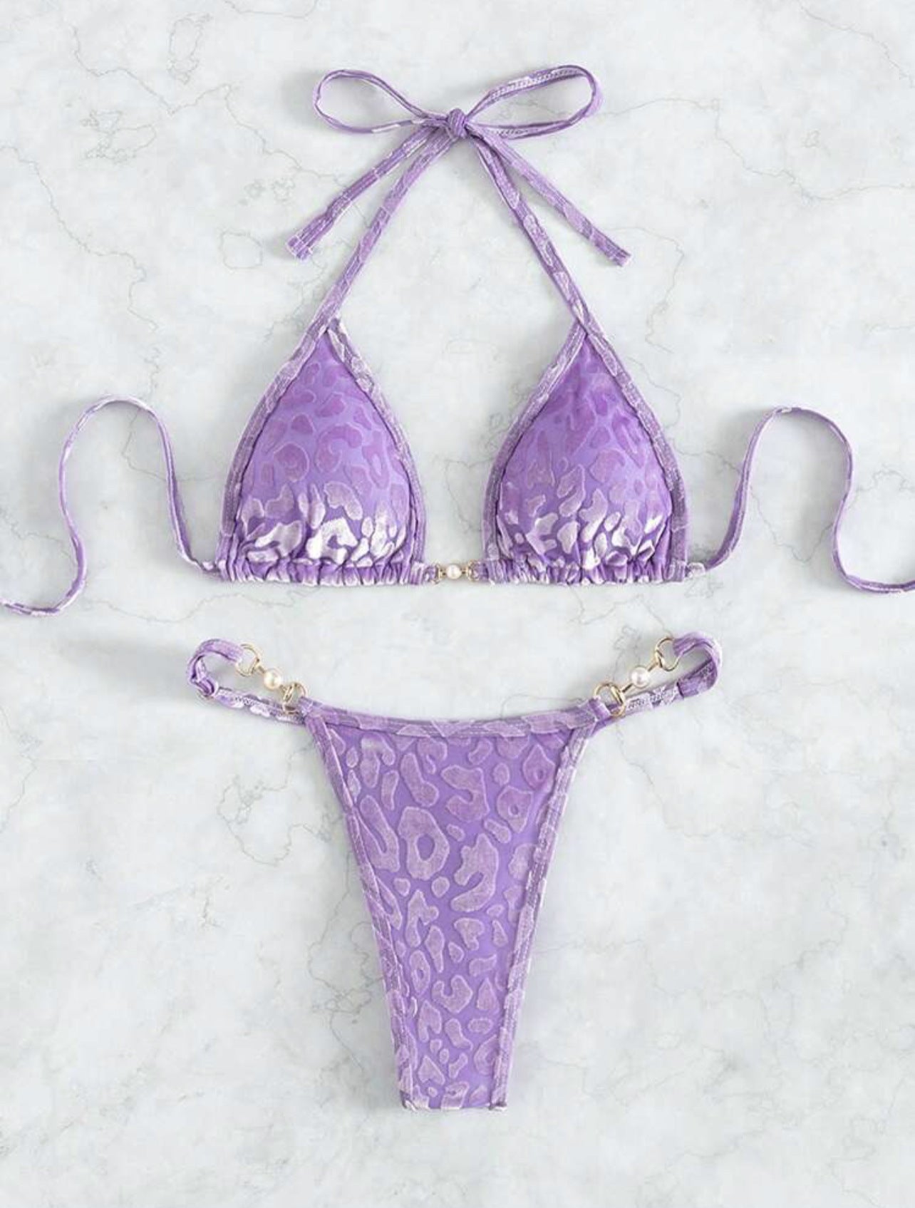 (4 days ready to ship) SY T-shaped pearl leopard special fabric swimsuit bikini