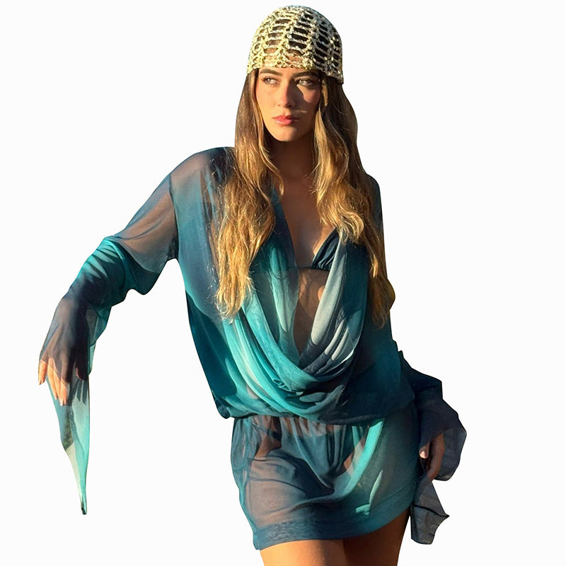 DZHT J26DS159 mesh see-through printed swing collar wide hem long sleeve dress