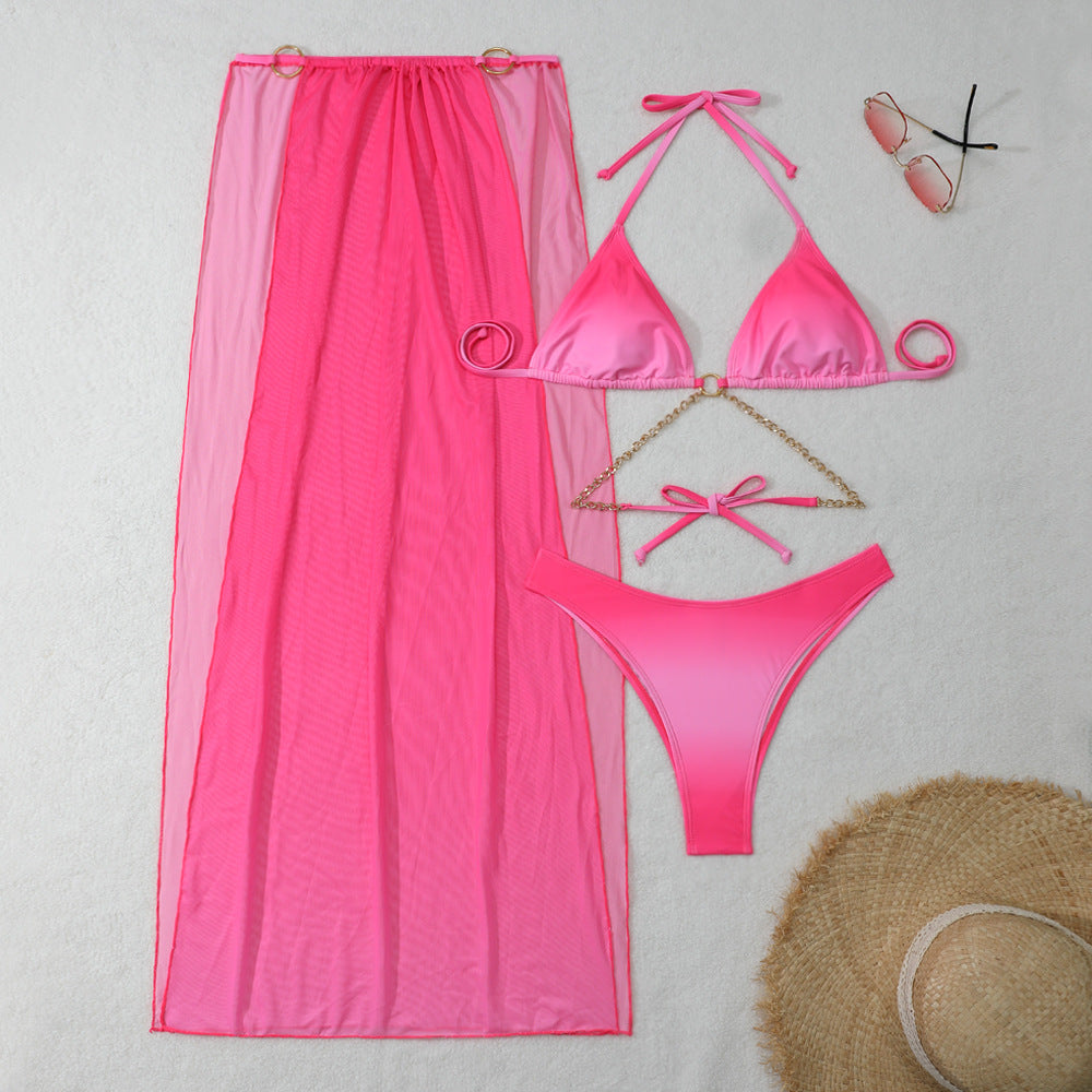 (4 days ready to ship) SY gradient mesh long dress drawstring banded bikini three-piece set