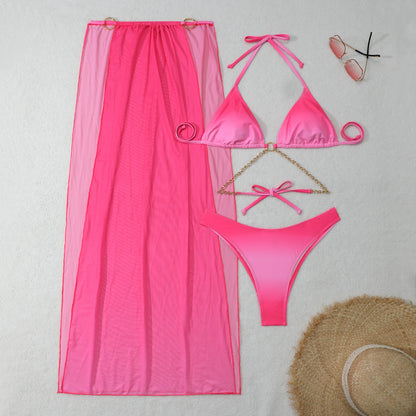 (4 days ready to ship) SY gradient mesh long dress drawstring banded bikini three-piece set