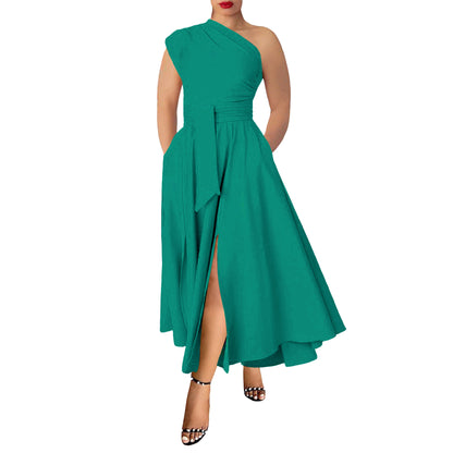 MYF (S-2XL) summer sleeveless diagonal collar waist-controlled large hem dress