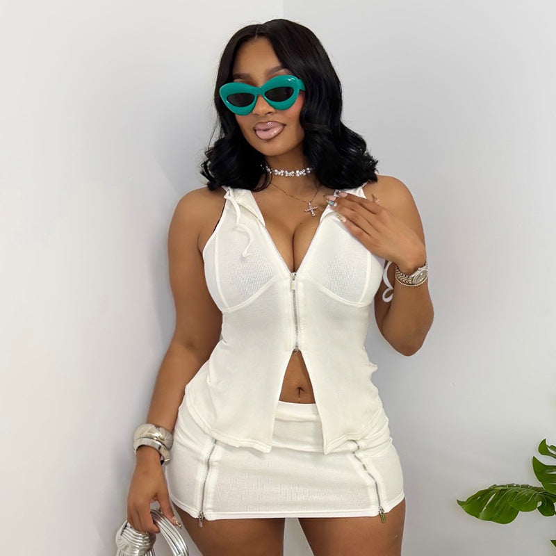 DZHT D26ST137 slim sleeveless hooded sleeveless zip top package hip skirt two-piece suit
