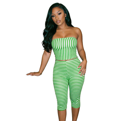 DZHT J26ST301 contrast color striped bandeau slim-fit striped cropped pants suit