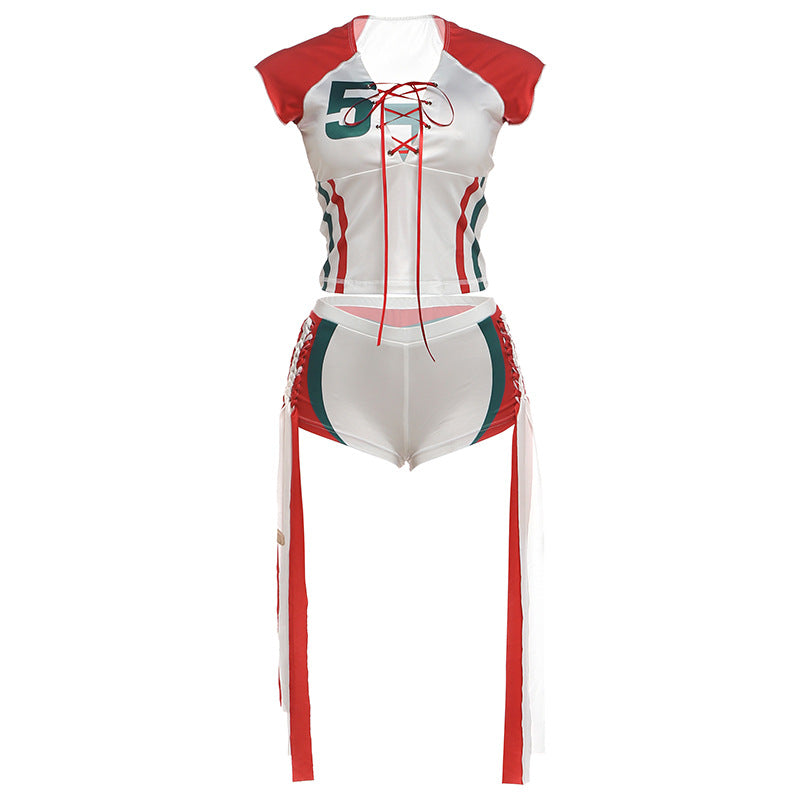 DLS Sports color matching drawstring short T-shirt side strap shorts suit