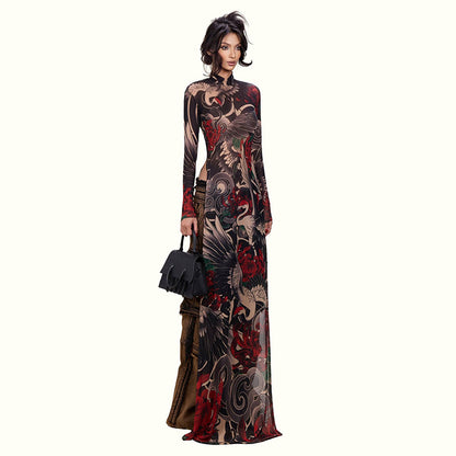 DLS Spring half-high collar long sleeves personalized animal pattern high slit long shirt