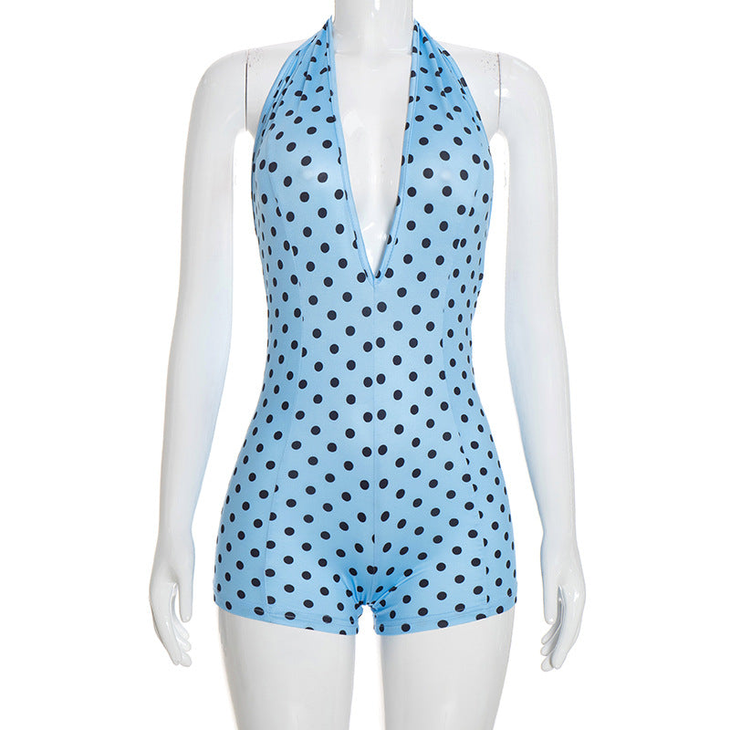DZHT Q26RP090 polka dot printing halter lace-up deep V-neck casual short jumpsuit