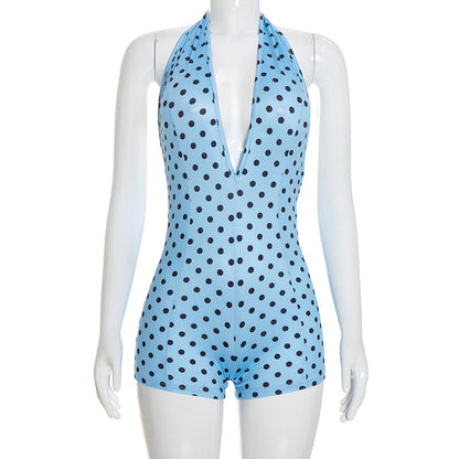 DZHT Q26RP090 polka dot printing halter lace-up deep V-neck casual short jumpsuit