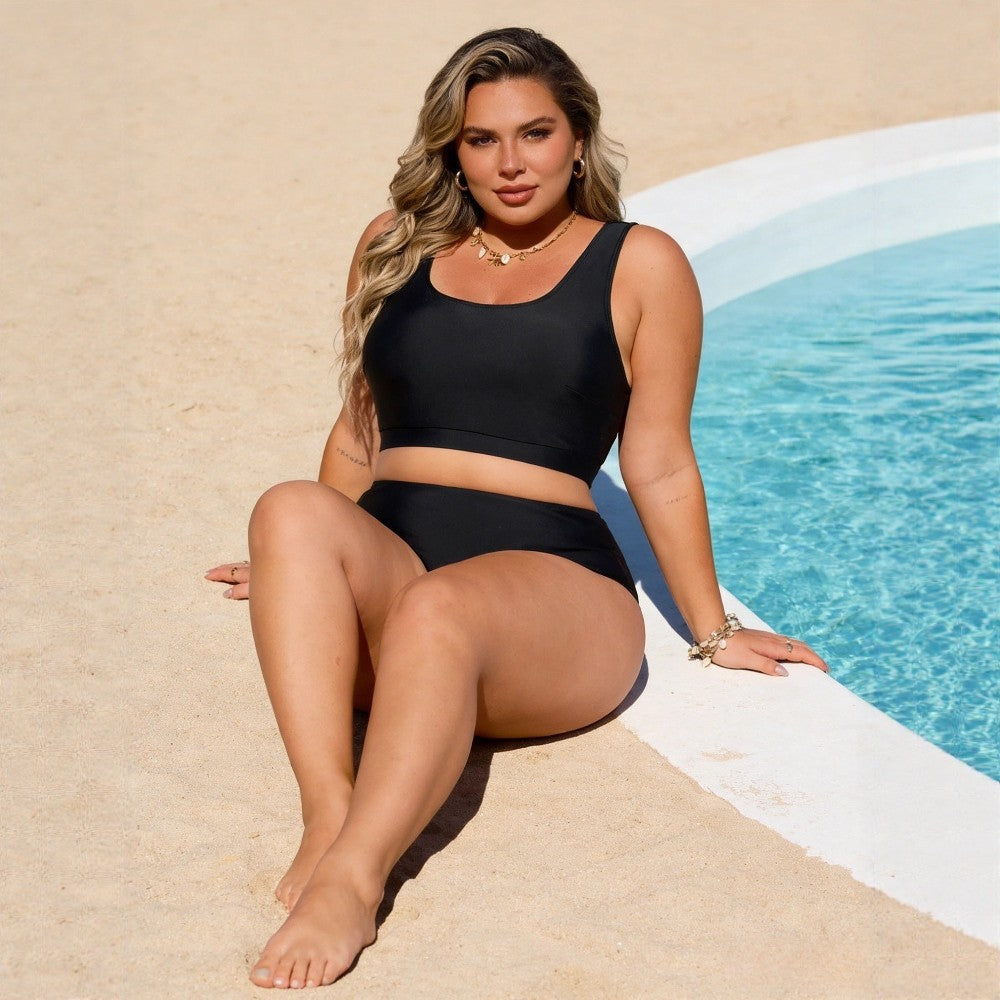 CL (L-4XL) 2026 solid color sports high waist bikini split large size swimsuit