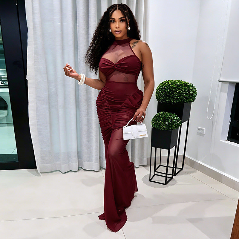 DZHT D26DS180 mesh stitching see-through sleeveless twisted pleated dress