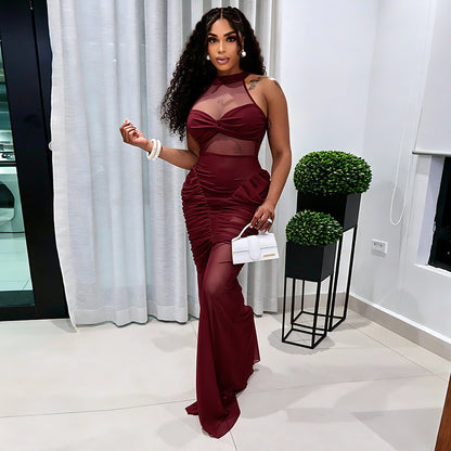 DZHT D26DS180 mesh stitching see-through sleeveless twisted pleated dress