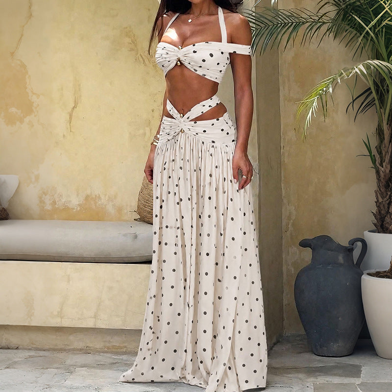 DLS summer halter backless tube top hollow out polka dot skirt suit