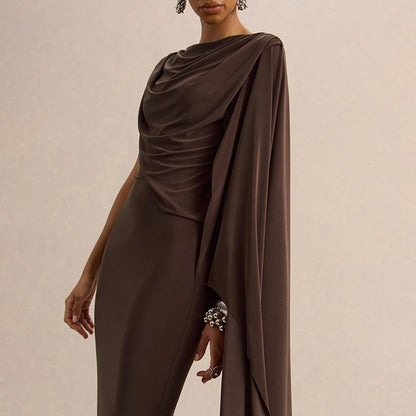 DZHT Q26DS066 solid color slim-fit ribbon sleeveless irregular swing collar dress