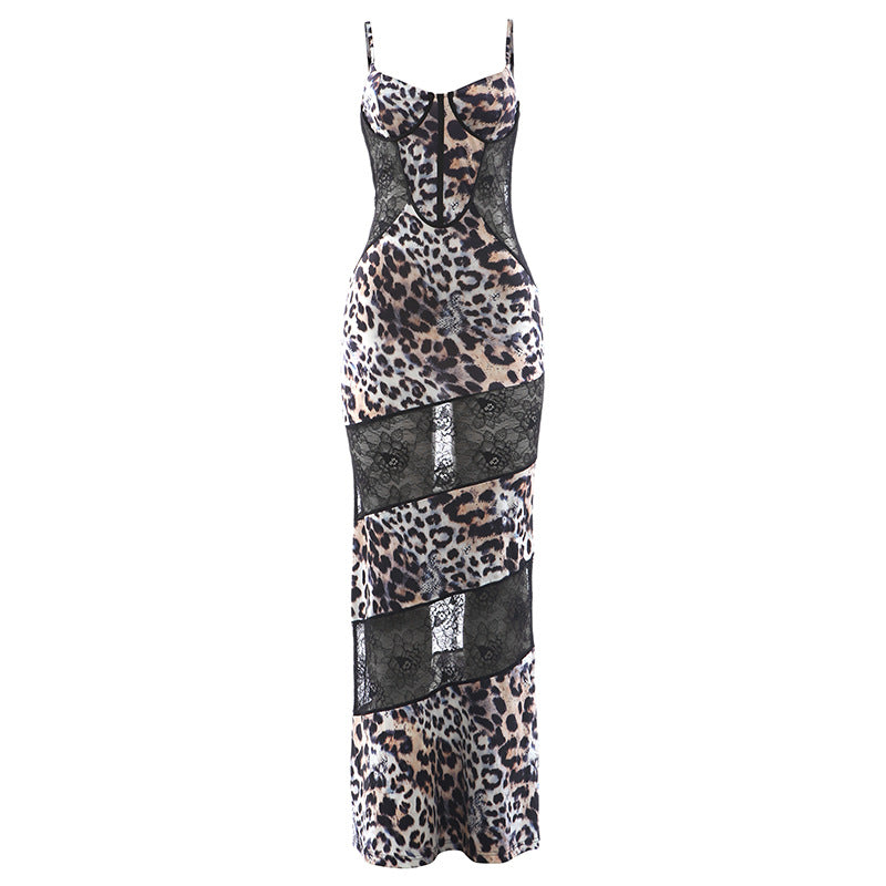 DLS Spring suspenders leopard print lace stitching sexy see-through dress