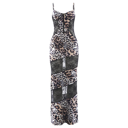 DLS Spring suspenders leopard print lace stitching sexy see-through dress