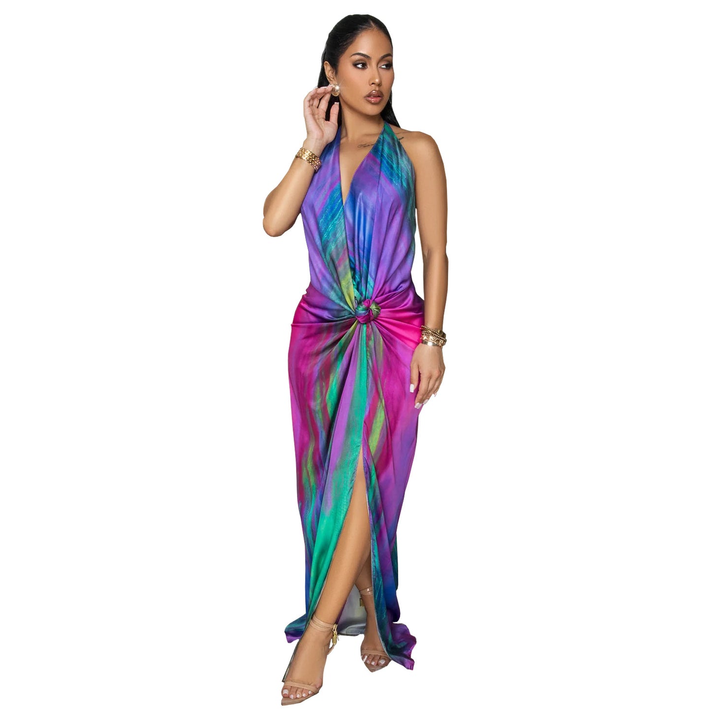 XYZ C7459 elegant slim fit tied printed dress