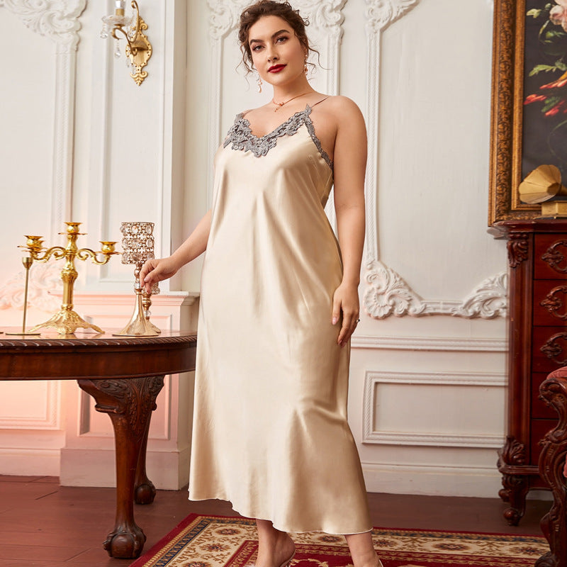 DNL plus-sized pajamas suspender skirt spring flower edge nightgown long artificial silk