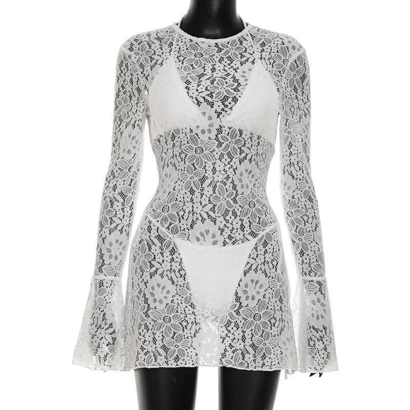 DZHT D26ST036 beach triangle cup swimming trunks lace long sleeve dress three-piece suit