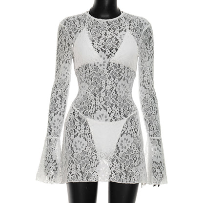 DZHT D26ST036 beach triangle cup swimming trunks lace long sleeve dress three-piece suit