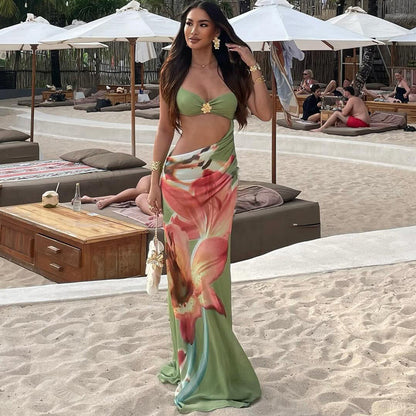 SXR 2026 spring vacation style navel wrapped chest spaghetti-strap floral print dress