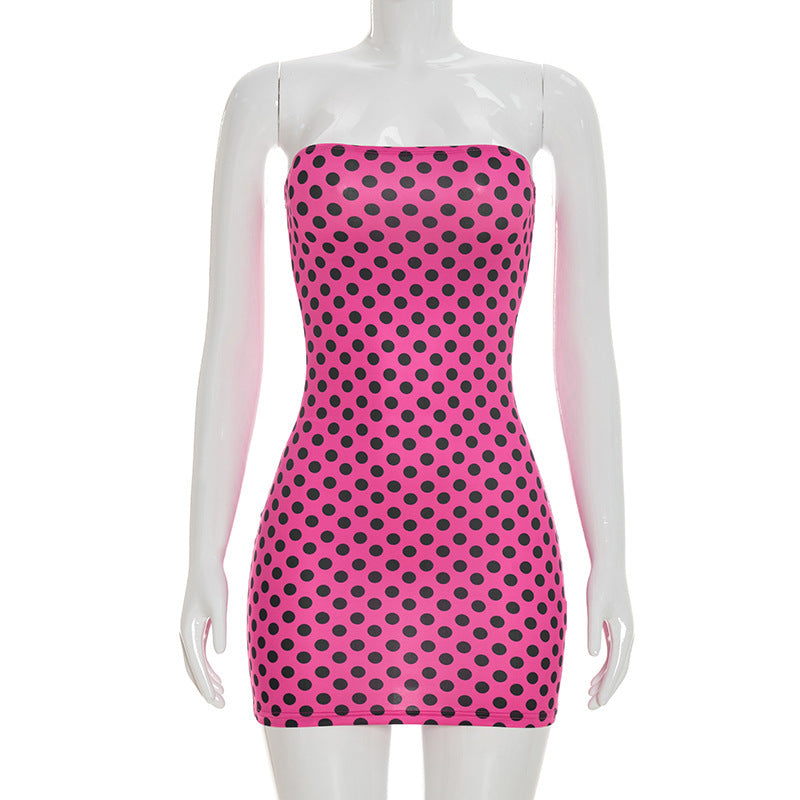 DZHT D26DS072 spring/summer fashion polka dot print tube top tight sheath dress
