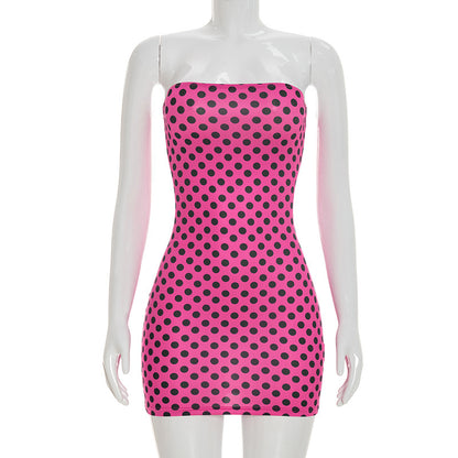 DZHT D26DS072 spring/summer fashion polka dot print tube top tight sheath dress