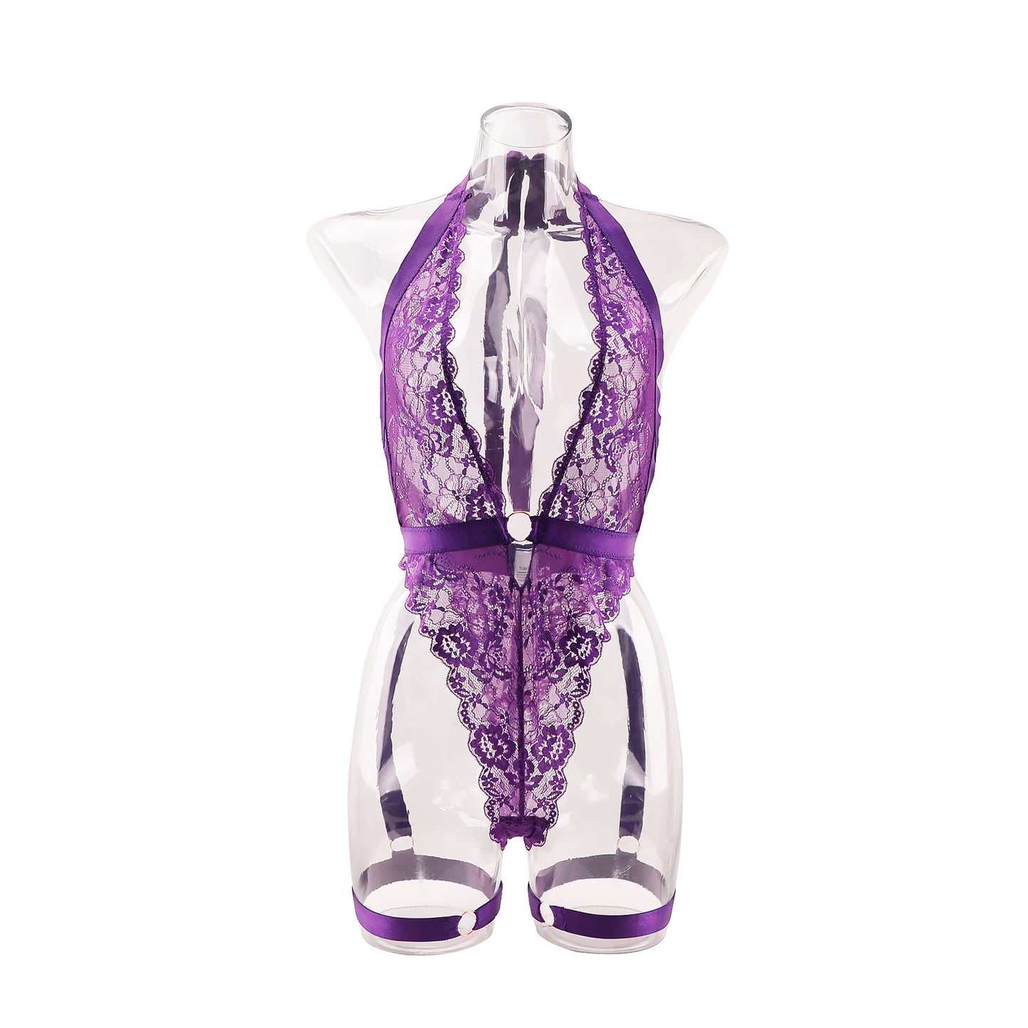 Dnika purple lace jumpsuit deep V-neck halter shapewear with garter sexy lingerie