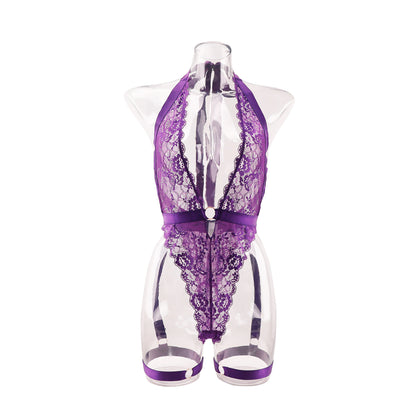 Dnika purple lace jumpsuit deep V-neck halter shapewear with garter sexy lingerie