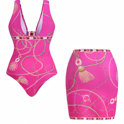 CL (L-4XL) plus size swimsuit deep V one-piece with cover Hanfu long robe two-piece set printed sexy bikini