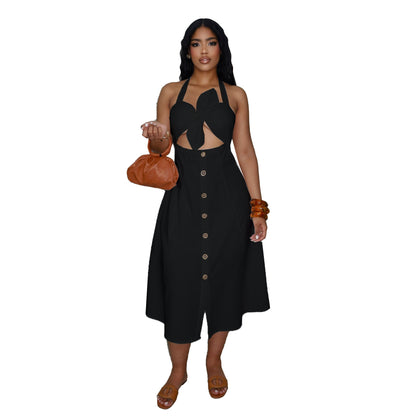GY (S-3XL) S11088 twist decoration smocking halter tied dress