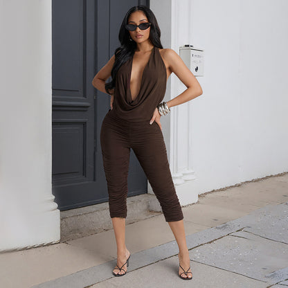 DZHT C26ST071 swing collar backless pleated mesh halter cropped pants suit