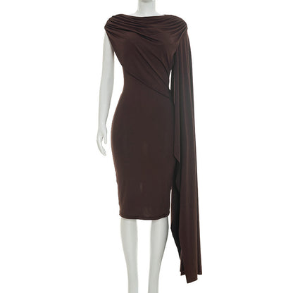 DZHT Q26DS066 solid color slim-fit ribbon sleeveless irregular swing collar dress
