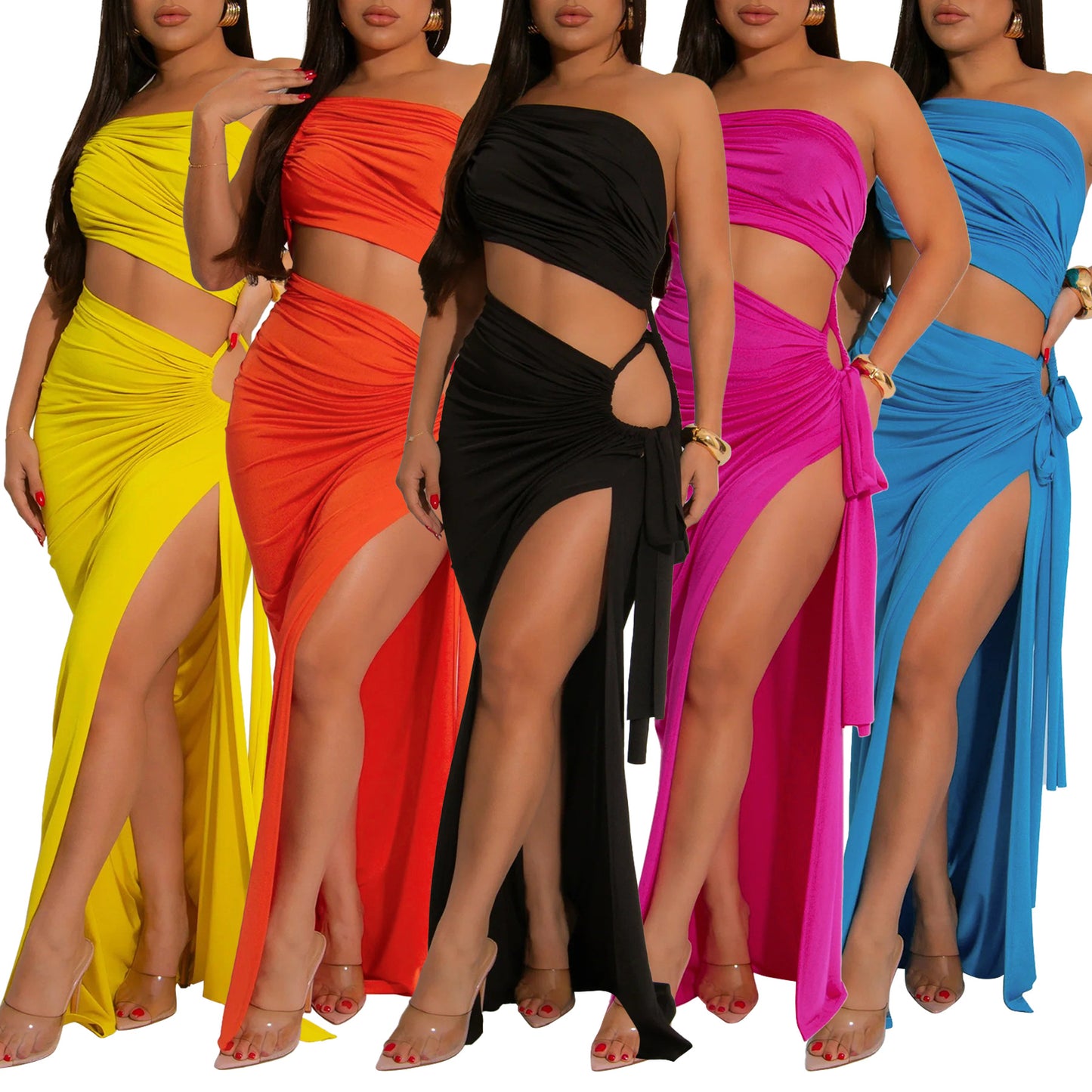 MYF (S-2XL) 20195 diagonal collar tube top split dress