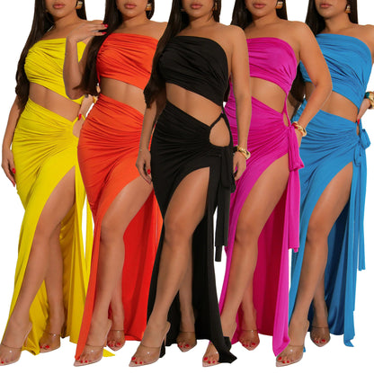 MYF (S-2XL) 20195 diagonal collar tube top split dress
