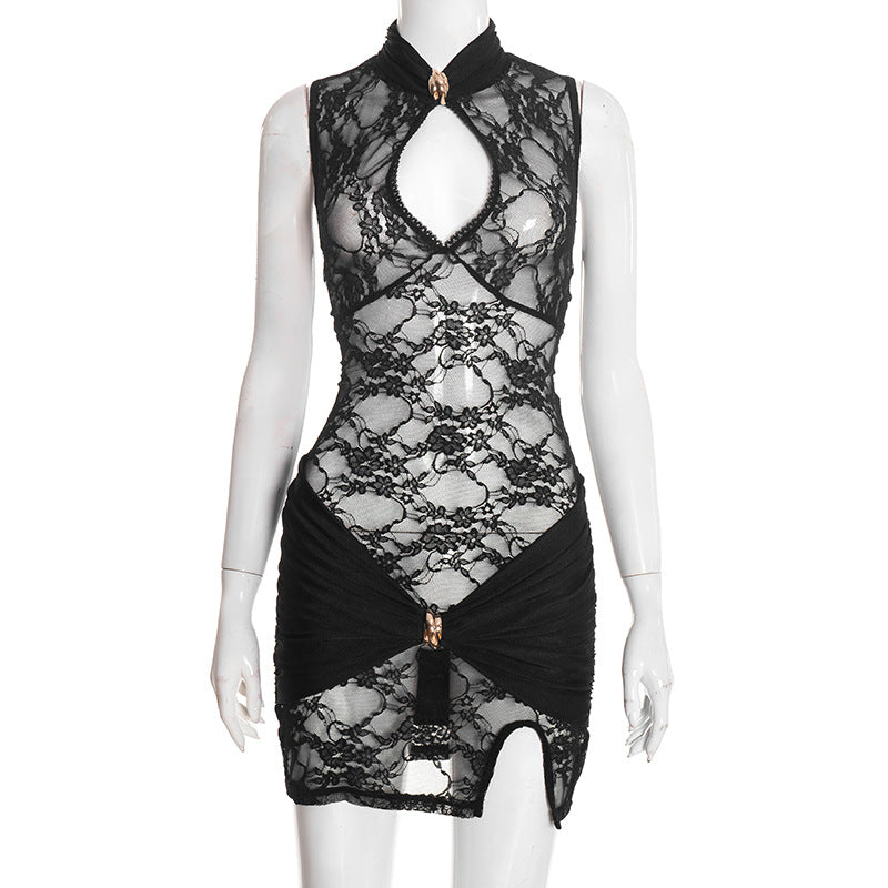 DZHT D25DS575 fashion lace stitching hollow sleeveless slit dress