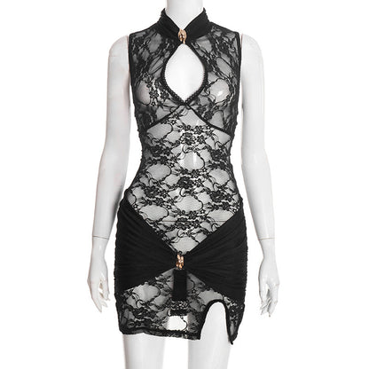 DZHT D25DS575 fashion lace stitching hollow sleeveless slit dress