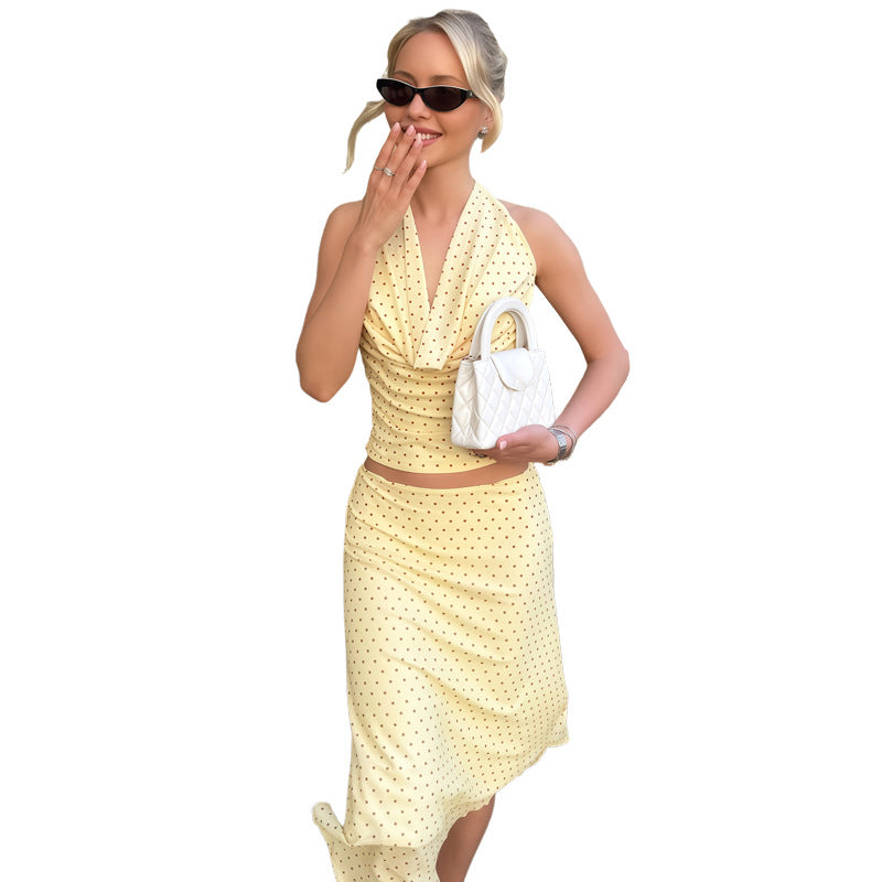 SXR K6S09678A summer polka dot halter swing collar vest long skirt suit