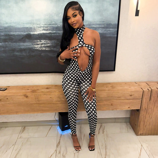 DZHT D26JP107 polka dot print halter cut-out bare back tight one-piece trousers
