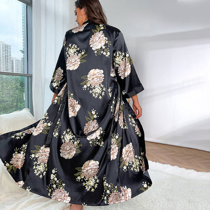 DNL plus size long artificial silk night skirt suit loose printed pajamas