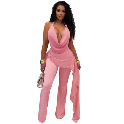 DZHT D26JP193 fake two-piece chiffon stitching halter strap ribbon one-piece trousers